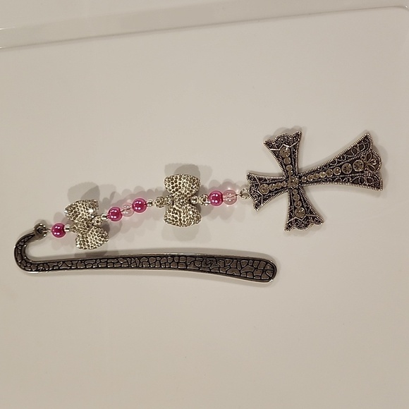 Silver and Pink Beaded Cross Bookmark - Picture 1 of 4